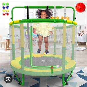 lot 34729 image: LANGXUN 60 Trampoline for Kids, 5ft Toddler Mini 6-in-1 Trampoline Indoor Outdoor with Swing, Basketball Hoop, Dart Board, Rings, Christmas Toys Birthday Gifts for Girls Boys - Retail $109