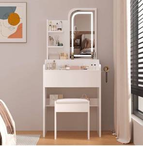 lot 34730 image: Small Makeup Vanity Desk with Mirror and Lights, Compact Vanity Table with Storage 3 Drawers & 3 Shelves, Bedroom Dressing Set with Chair for Girls Women, 3 Lighting Colors, White - Retail $0
