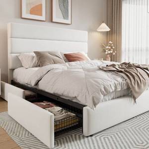 lot 34731 image: Allewie Modern Queen Size Platform Bed Frame with 4 Storage Drawers and Velvet Upholstered Headboard, Wooden Slats Support, Upholstered Mattress FoundationNo Box Spring NeededEasy Assembly, White - Retail $268