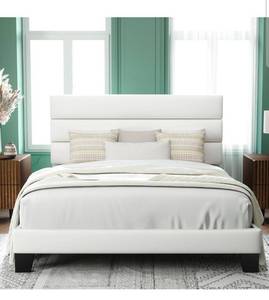 lot 34732 image: Allewie Full Size Platform Bed Frame with Velvet Upholstered Headboard and Wooden Slats Support, Fully Upholstered Mattress FoundationNo Box Spring NeededEasy Assembly, White - Retail $159