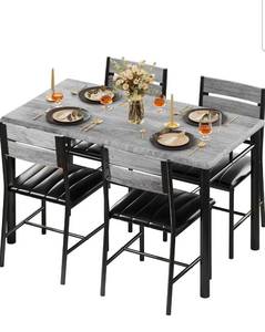 lot 34733 image: IRONCK Dining Table Set for 4, Wood Kitchen Table with Upholstered Chairs for Kitchen Room and Small Spaces, Grey - Retail $189