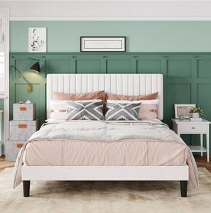 lot 34735 image: Allewie Full Bed Frame, Velvet Upholstered Platform Bed with Adjustable Vertical Channel Tufted Headboard, Mattress Foundation with Strong Wooden Slats, Box Spring Optional, Easy Assembly, Off-White - Retail $169
