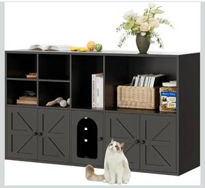 lot 34736 image: IRONCK Cat Litter Box Enclosure for 2 Cats, Litter Box Furniture Hidden with Double Room and Large Storage Space, Wooden Washroom Furniture, Cat House, Black - Retail $197