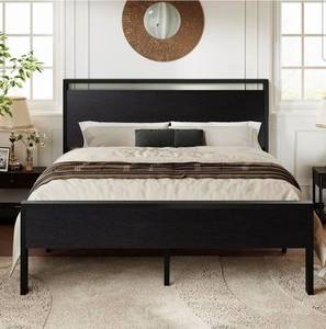 lot 34738 image: Allewie Full Size Platform Bed Frame with Wooden Headboard and Footboard, Heavy Duty 12 Metal Slats Support, No Box Spring Needed, Under-Bed Storage, Noise Free, Easy Assembly, Black Oak - Retail $139