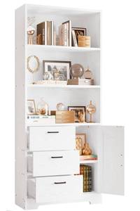 lot 34739 image: IRONCK Bookshelf with Door and 3 Drawers, 71in Tall Bookcase Shelf with 3-Tier Shelves, for Bedroom Living Room Entrance Hallway Home Office - Retail $155