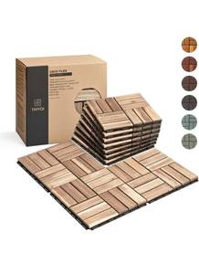 lot 34743 image: Deck Tiles, Patio Flooring - Outdoor Waterproof Acacia Wood Tiles for All Weather Use - Balcony, Backyard, Indoor & Outdoor (White Crossed Pattern, 10 Pcs - 10 Square Ft) - Retail $0