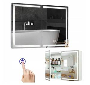 lot 34748 image: Bathroom Medicine Cabinet with Mirror and LED Light, Wall Mounted Bathroom Mirror with Storage, 2 Doors Bathroom Wall Cabinet, Memory Dimmable 3 Color Temp, Adjustable Shelves - Retail $0