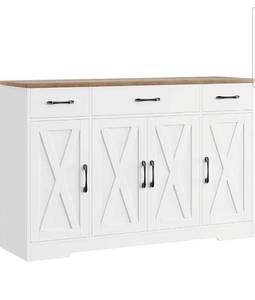 lot 34752 image: Buffet Cabinet with Drawers, 55 Large Sideboard Buffet Storage Cabinet with Shelves and Doors, Modern Farmhouse Coffee Bar Station Wood Kitchen Table for Kitchen, Dining Room, WhiteRustic - Retail $189