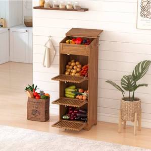 lot 34753 image: 4 Tier Potato and Onion Storage Bins Box, Mid Century Modern Tall Large Fruit and Vegetable Basket Storage, Walnut Kitchen Pantry Cabinet for Snack, Wooden Bread Storage, Magnetic Flip-top - Retail $145