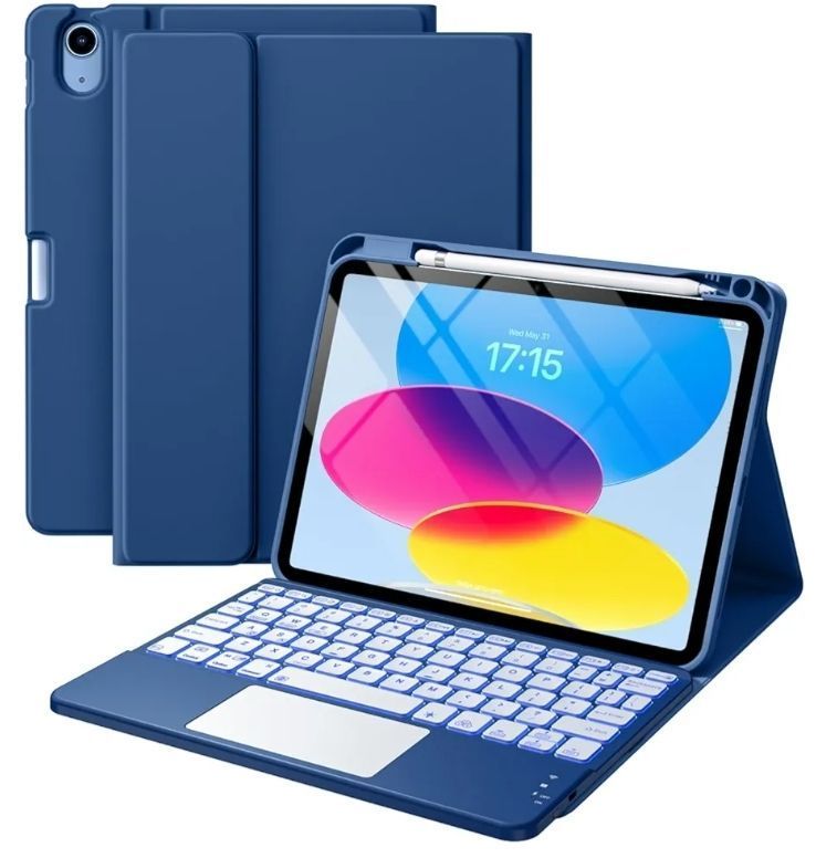 lot 14809 image: iPad 11th 10th Generation Case with Keyboard, Folio Cover with Pencil Holder, Multi-Touch Trackpad, 7 Color Backlit, Detachable Keyboard for iPad (A16) 11th10th Gen (Navy Blue)