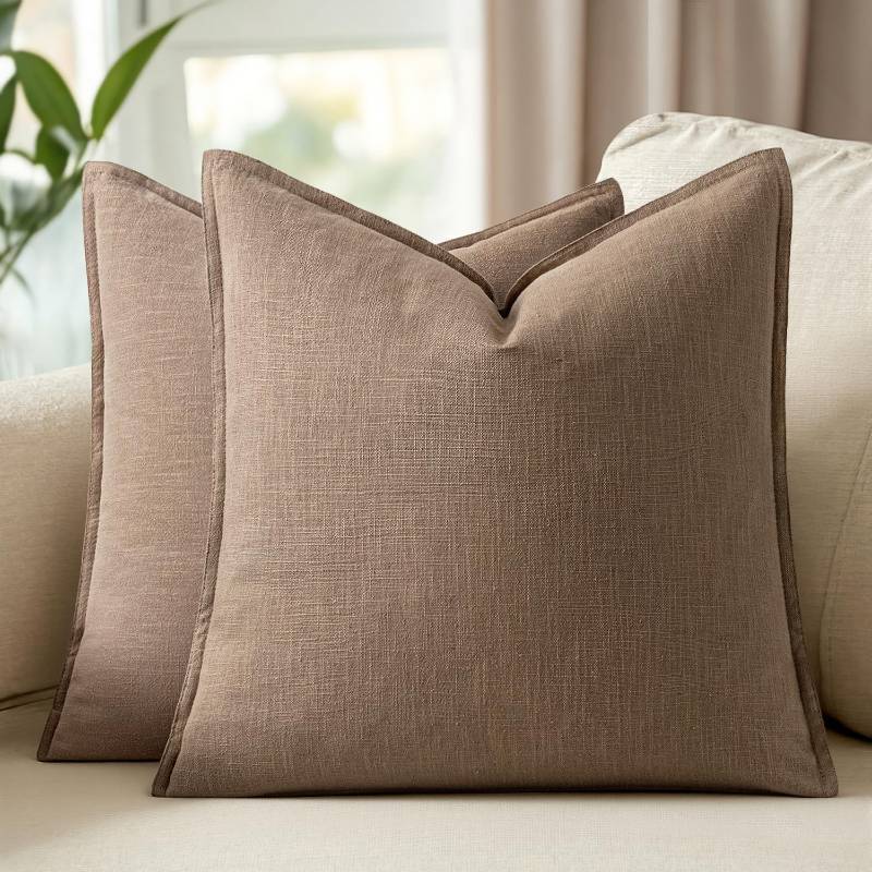 lot 54113 image: 24x24 Inch Set of 2 Decorative Linen Solid Throw Pillow Covers Boho Accent Farmhouse Couch Pillowcases Modern Neutral Euro Home Decor for Couch Sofa Living Room Bed, Light Brown - Retail $25