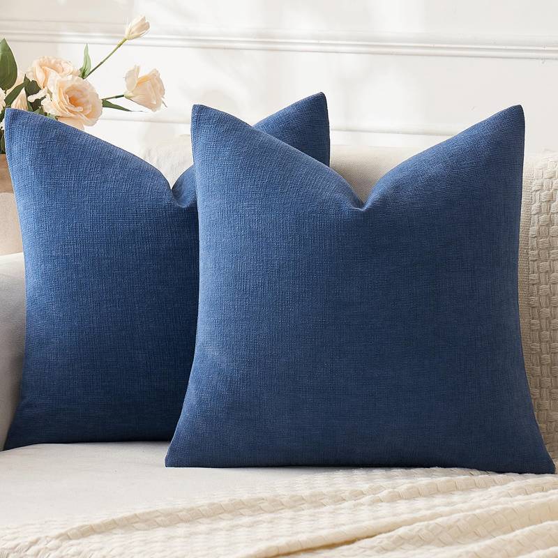 lot 14523 image: MIULEE Navy Blue Couch Pillow Covers 18x18 Inch, Set of 2 Soft Chenille Decorative Square Summer Throw Pillow Covers Farmhouse for Sofa Living Room Bed - Retail $10