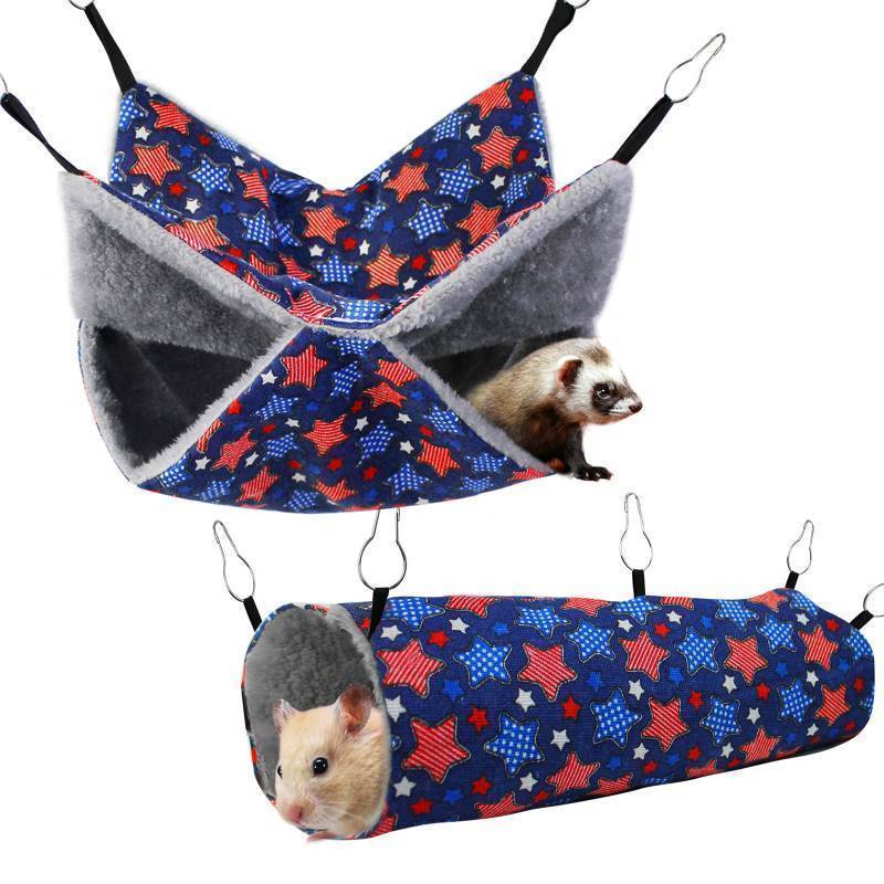 lot 71039 image: petonfun Ferret Rat Hammock Set Guinea Pig Hideout Bed, Soft Hamster Toys Hanging Tunnels and Tubes, Plush Small Animal Pet Chinchilla for Cage Accessories Hide, Play and Sleep,2 Pack, Blue Star - Retail $10
