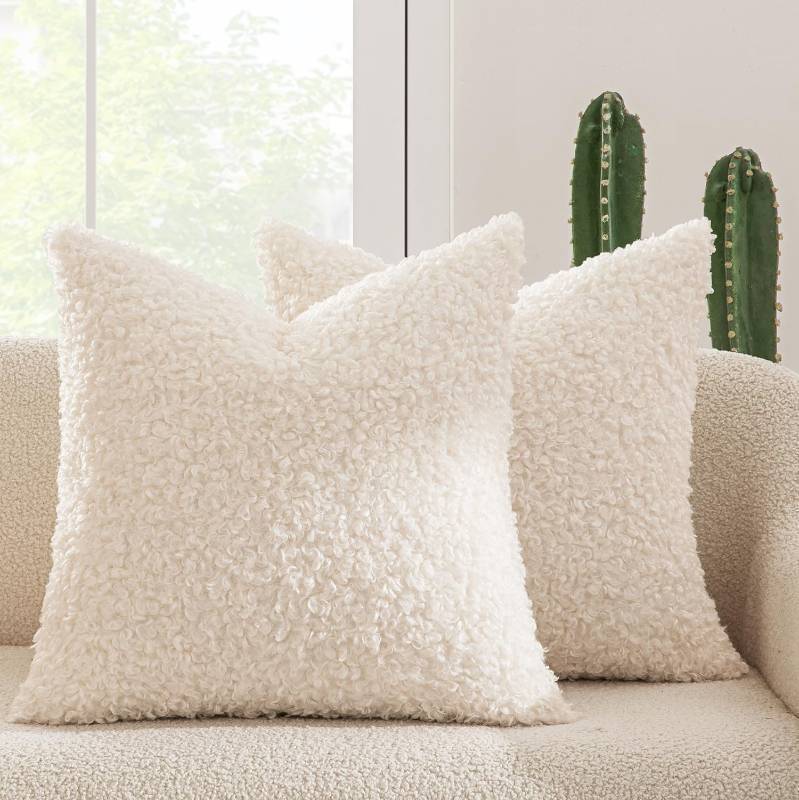 lot 71263 image: Pack of 2 Throw Pillow Covers 24x24 Inch Neutral White Faux Fur Decorative Sherpa Pillow Covers Fuzzy Accent Soft Sheepskin Fleece Cushion Cases for Boho Home Decor Couch Living Room Bed - Retail $31