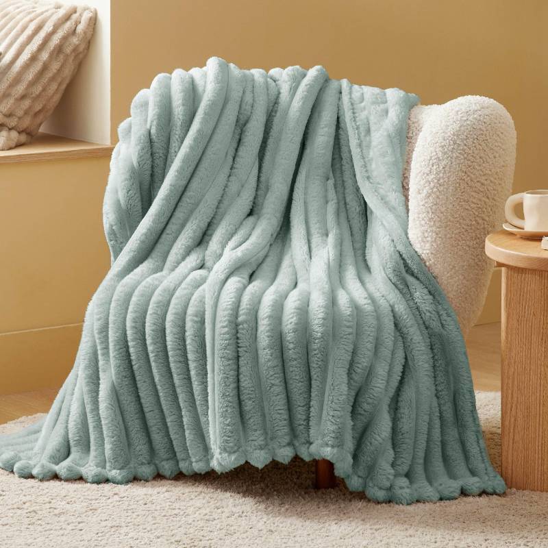 lot 71471 image: Sage Green Throw Blanket for Couch - Super GentleSoft Cozy Blankets for Women, Cute Small Fleece Throws for Girls,50x60 Inches, Wider Striped Design - Retail $27