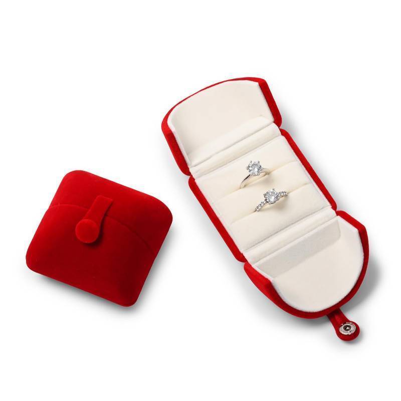 lot 14505 image: Elegant Red Velvet Double Ring Box - Keepsake Gift Holder for Wedding, Proposal & Engagement Ceremonies (Couple Ring Bearer Box) - Retail $18