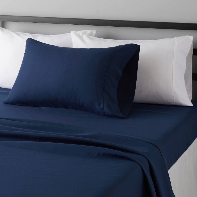 lot 14549 image: Amazon Basics Lightweight Super Soft Easy Care Wrinkle Free Microfiber 3 Piece Bed Sheet Set with 14-Inch Deep Pockets, Twin, Navy Blue, Solid, Kids, Men & Women Bedding