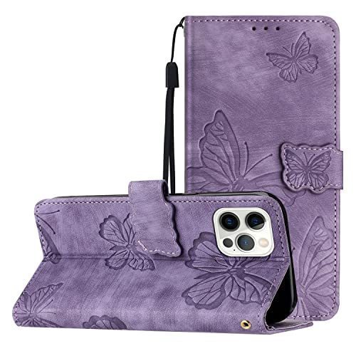 lot 14571 image: 6.7 inch Compatible with iPhone 14 pro max case Purple Butterfly Wallet Case with Card Holder Flip Phone Case with Red Stylus Phone Cover for iPhone 14 Pro Max9000
