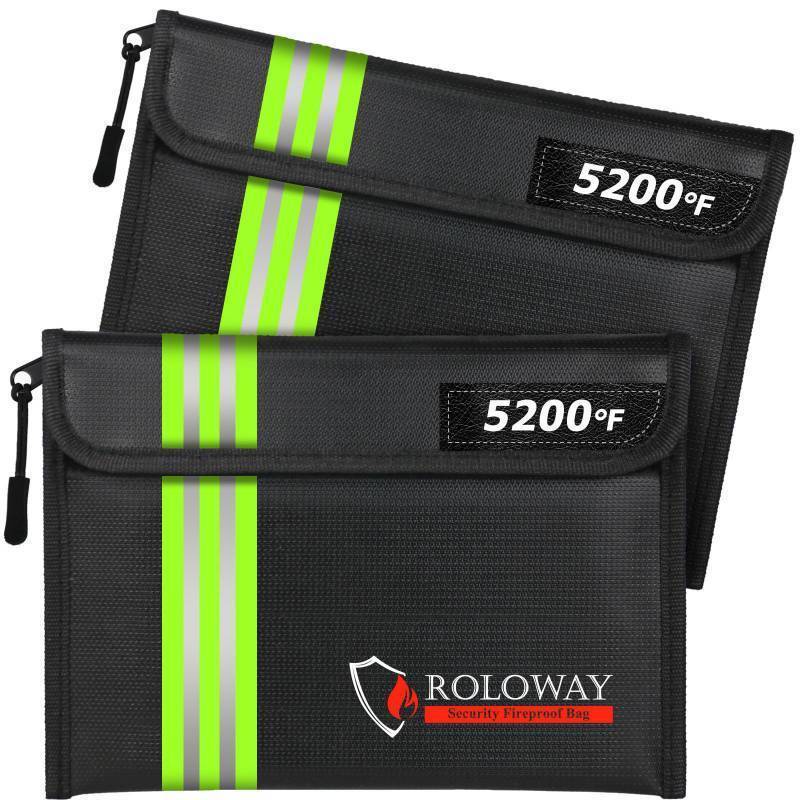 lot 14629 image: Fireproof Bag (9.6 x 6.6 inches) Heat Insulated with Reflective Strip, Fireproof Money Bag with Zipper for Cash (2-Pack Black) - Retail $23