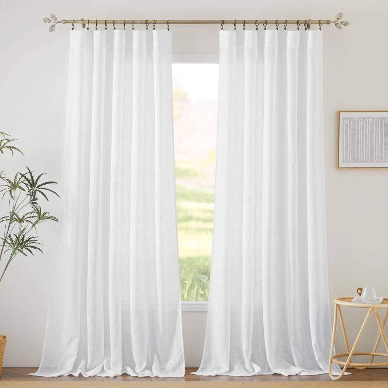 lot 14636 image: White Curtains & Drapes - Linen Textured Semi Sheer Curtains Privacy Panels for Living Room Bedroom Dining Bathroom Farmhouse Large Bay Window Decor, W 70 x L 95, 2 Pcs - Retail $30