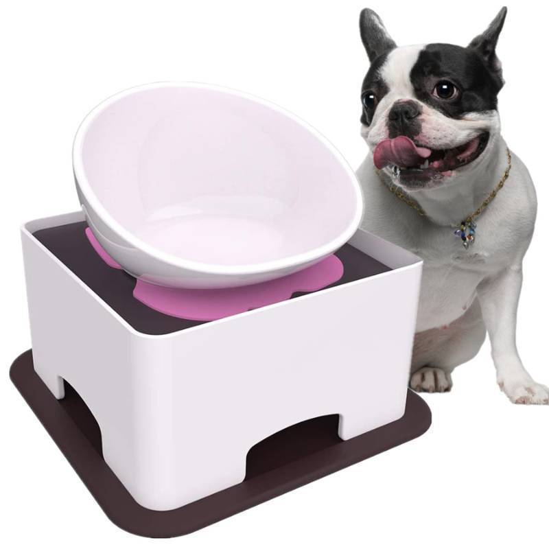 lot 14681 image: Ceramic Bulldog Bowl Dog Feeding Bowl - Dog Dish Wide Mouth Pet Sterile Tilted Pet Feeder with Anti-Skid Rubber Mat for Small Medium Dogs. MISSING BOWL. - Retail $37