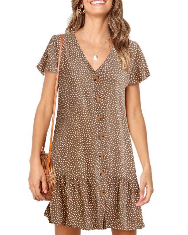 lot 14705 image: Womens Polka Dot V Neck Button Down Ruffles Loose Mini Short T-Shirt Dress - Retail $30