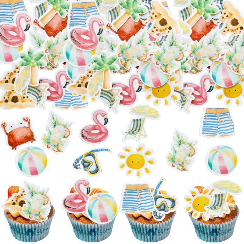 lot 14708 image: 50Pcs Edible Summer Beach Cupcake Toppers Wafer Paper Ball Sun Diving Goggles Cupcake Picks Edible Summer Cake Toppers for Hawaii Theme Birthday Party Supplies Multi - Retail $8