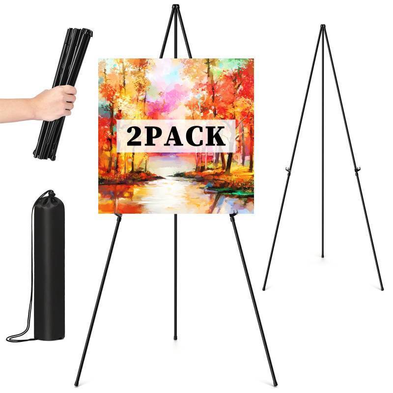 lot 14813 image: Easel Stand for Sign, 63 Portable Easels Stand for Display, Lightweight Adjustable Tripod Art Easel Stand for Wedding Sign, Black Metal Painting Easel with Portable Bags (2 Pack) - Retail $24