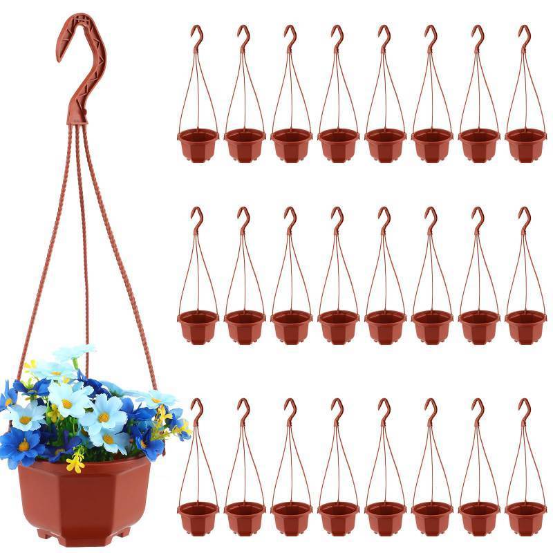 lot 14817 image: 24 Pcs Hanging Plastic Planter Pot with Hook Flower Pots Baskets Hanging Nursery Planter Holder for Outdoor Indoor Plant Garden(Brown,5 Inch) - Retail $21