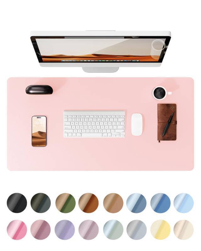 lot 14825 image: Leather Desk Protector, Office Mat, Large Mouse Mat, Non-Slip PU Leather Blotter, Laptop Pad, Waterproof Writing Pad for Office and Home (Light Pink, 23.6 x 13.8) - Retail $8