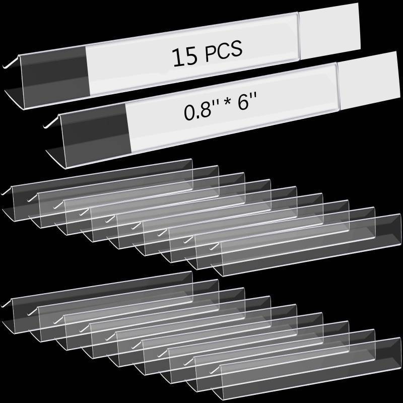 lot 14826 image: 15 Pieces Shelf Label Holder, Clear Plastic 0.875 x 6 Shelves Clip Wood Tags Ticket Sign Label Metal Holders for 0.75 Thick Shelves Includes Matched Blank Inserts Offices Libraries - Retail $9