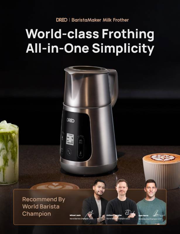 lot 14832 image: Dreo Milk Frother All-in-1 Electric Foam Maker for Coffee, 15oz450ml Automatic Foam Frother for Latte Art-level Microfoam, 30 Drinks, Easy to Clean, Dishwasher Safe, LED display - Retail $85