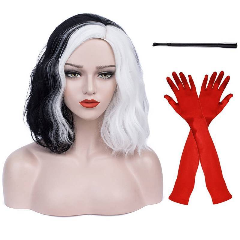 lot 14840 image: Black White Cruella Deville Wig for Cruella Deville Costume Women Curly Wavy Wigs for Halloween R019BW - Retail $19