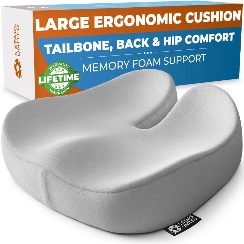 lot 14905 image: 5 STARS UNITED Seat Cushion for Tailbone Pain Relief Large Memory Foam Cushion for Coccyx, Hip, Sciatica & Post-Surgery Recovery Wheelchair, Car, Desk, Gaming & Office Chairs, Light Gray - Retail $55