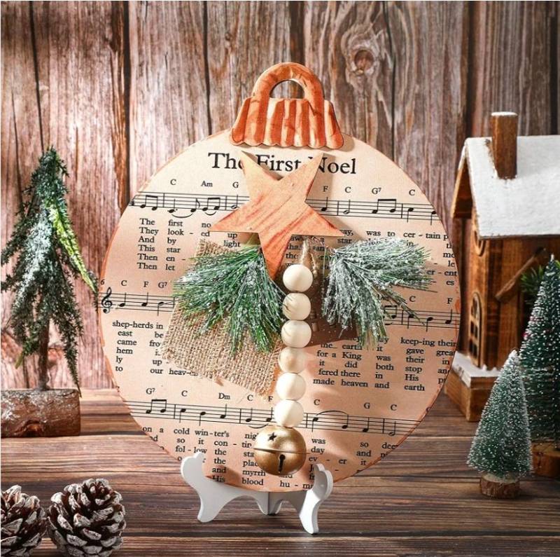 lot 43729 image: Christmas Music Wooden Table Decor Vintage Sheet Music for Crafts Farmhouse Wooden Centerpieces for Tables Rustic Xmas Decor with Rectangular Base for Home Office Holiday