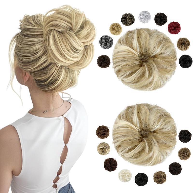 lot 43950 image: 2PCS Messy Bun Hair Piece Large Wavy Curly Elastic Hair Bun Scrunchies Fluffy Thick Donut Chignon Hairpieces Updo Extensions Ash Blonde Mix Bleach Blonde - Retail $10