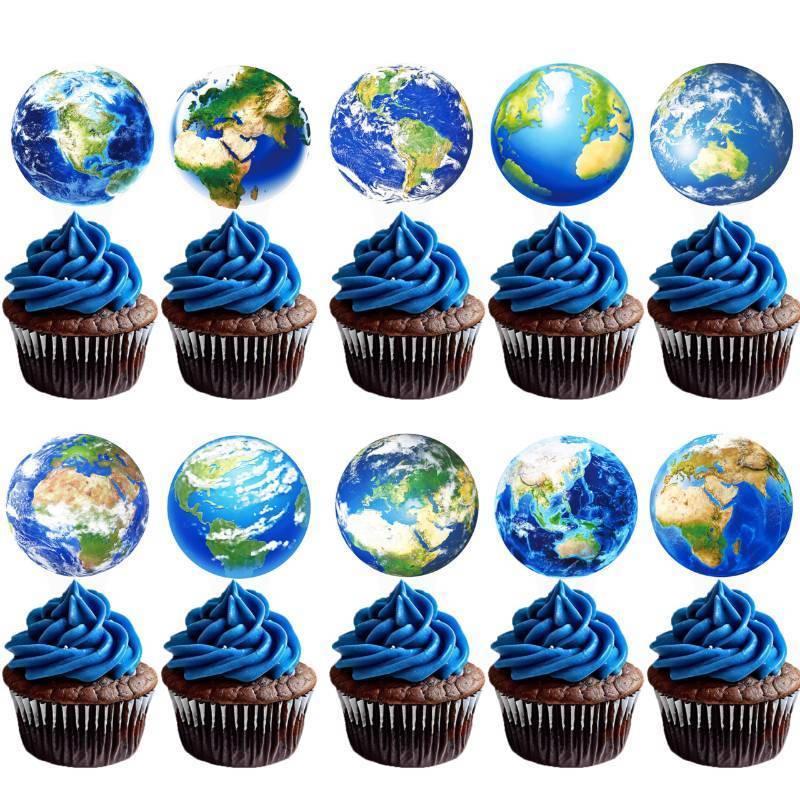lot 43958 image: 48pcs Earth Globe Cupcake Toppers Earth Day Party Decorations Globe World Map Theme Cake Cupcake Picks for Travel Around The World Birthday Party Earth Day Baby Shower Supplies - Retail $7