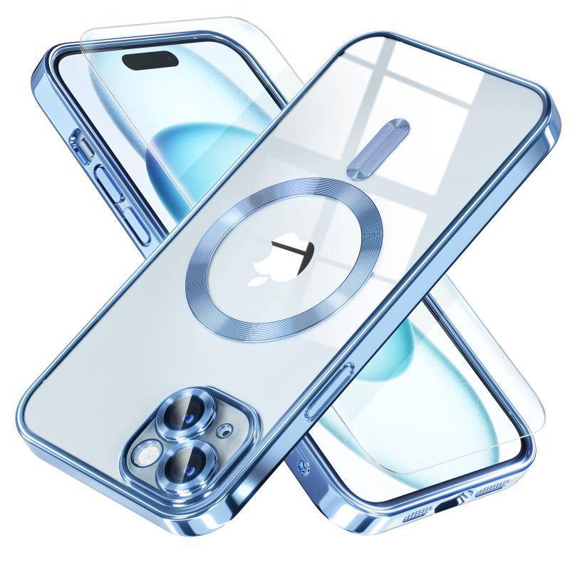 lot 43968 image: iPhone 15 Case Compatible with MagSafe Never Yellowing Military Grade Drop Protection Full Camera Lens Protector Plating Soft Clear Phone Case for Women,Sierra Blue - Retail $15