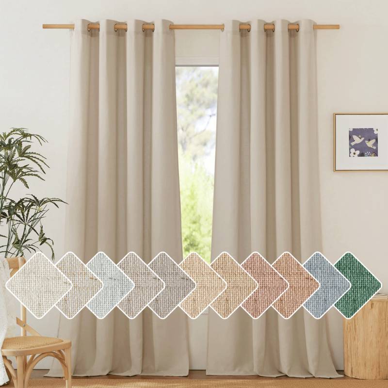lot 43975 image: Thick Linen Curtains Privacy with Light Filtering, Grommet Semi Sheer Not See Through Linen Blend Curtain Drapes Vintage & Rustic for Farmhouse  Living Room, Angora, W55 x L84, 2 Panels - Retail $34