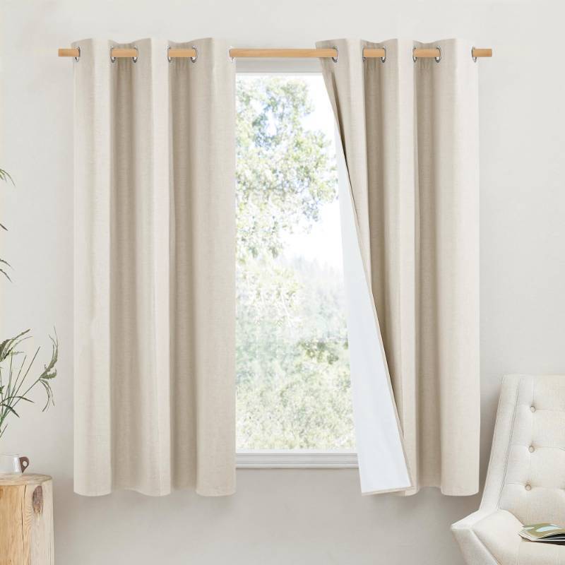 lot 43981 image: Linen Blackout Cold Blocking Curtains 63 Long for Classroom, Beige, Set of 2, Short Kitchen Burlap Linen 100% Blackout Drape Panels for Night Shift, Great Job for Blocking Light - Retail $32