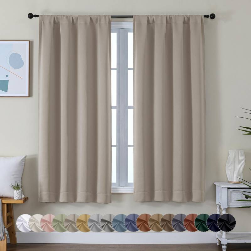 lot 43983 image: Ava Stone Blackout Curtains for Bedroom 63 Inch Length 2 Panels Set, Solid Thermal Insulated Energy Saving Rod Pocket Window Treatment Curtains Blackout Drapes, W40 x L63 Inch, Color Stone - Retail $14