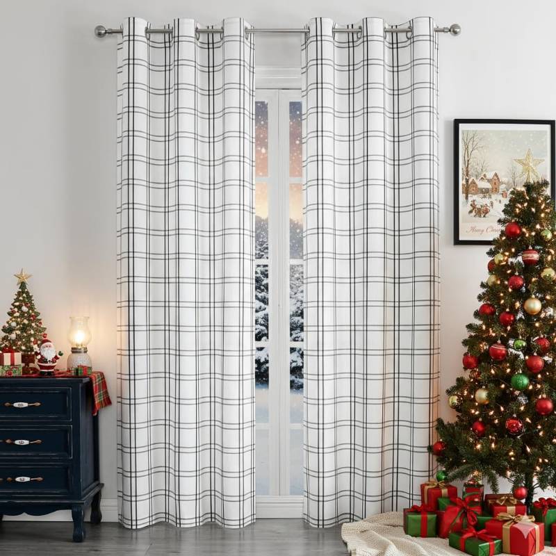 lot 43985 image: 90 Inch Black White Buffalo Plaid Semi Sheer Curtains, Woven Black Stripes on White Textured Fabric, Farmhouse Drapes for Living Room Bedroom,Grommet Window Treatment,40 Wx90 Lx2 - Retail $31