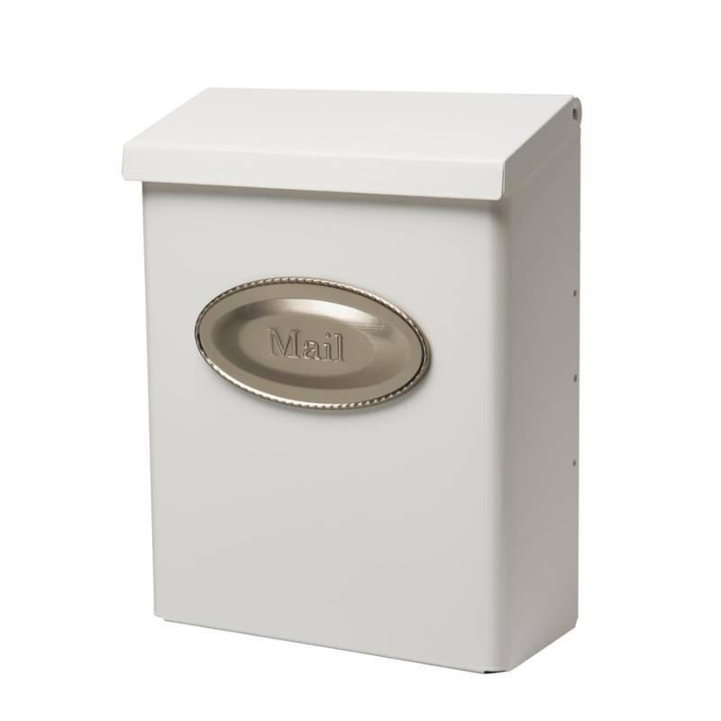 lot 53762 image: Architectural Mailboxes Designer Galvanized Steel, Locking Wall Mount Mailbox, White with Satin Nickel - Retail $35