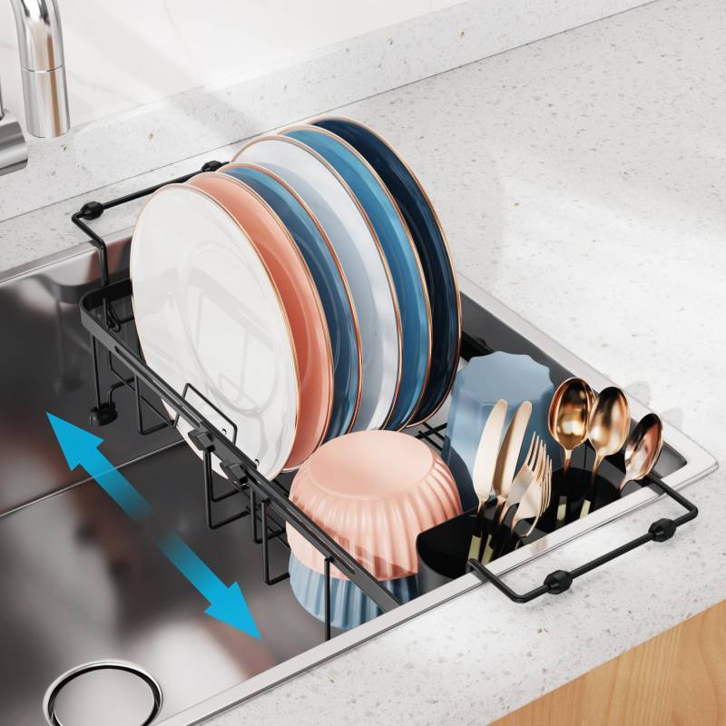 lot 53786 image: Small Sink Dish Drying Rack, Capacity Expandable Narrow Dish Drainer for RV Sink Apartment Kitchen with Utensil Holder, 12-16.8 L x 9 W, Black - Retail $25