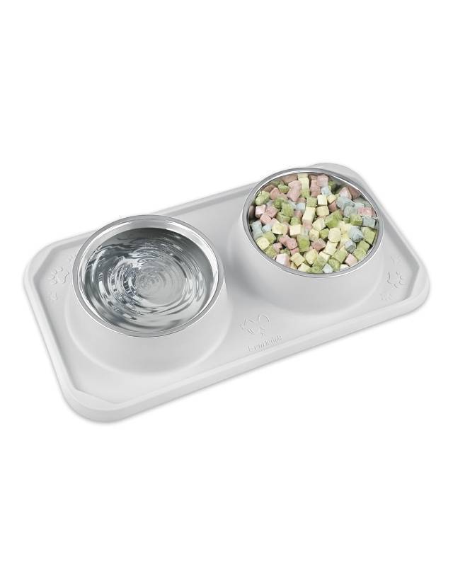 lot 53795 image: Cat Bowls for Food and Water, Upgrade Cat Food Bowls for Indoor Cats, Premium Removable Stainless Steel Double Bowls with Silicone Anti-Slip Pads, Water Bowl for Cats and Dog (Grey). CORNER DAMAGED.