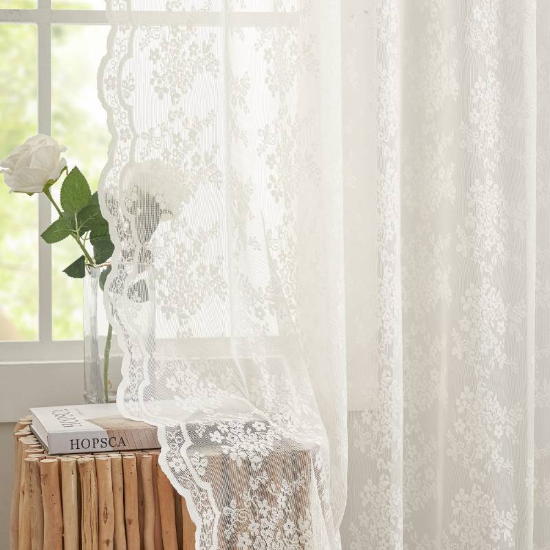 lot 53796 image: Vintage Lace Curtains 84 Inches Long-Romantic Flowers and Branch Sheer Lacy Curtains for Living Room French Door 1 Pair Rod Pocket, 52 x 84 Inch Ivory - Retail $26