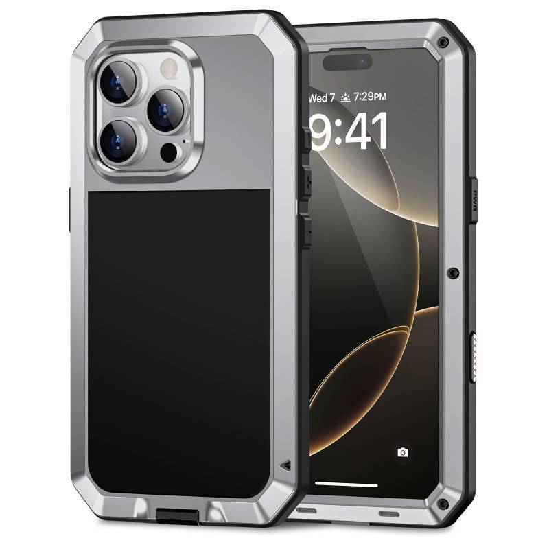lot 53829 image: iPhone 16 Pro Max Case, Metal Heavy Duty Shockproof Tough Rugged Case with Built-in Glass Screen Protector, 360 Full Body DustProof Strong Protective Phone Case for 16 Pro Max 6.9, Silver - Retail $25