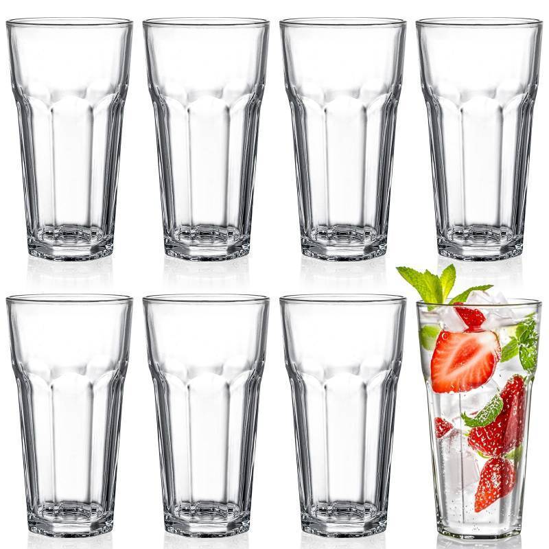 lot 53860 image: Set of 8 Highball Drinking Glasses, 12oz Lead-Free Tempered Water Glasses Thick Heavy Base, Clear Iced Hot Tea Glassware for Cocktail, Juice, Milkshake, Soda Beer Tumbler Cup - Retail $29