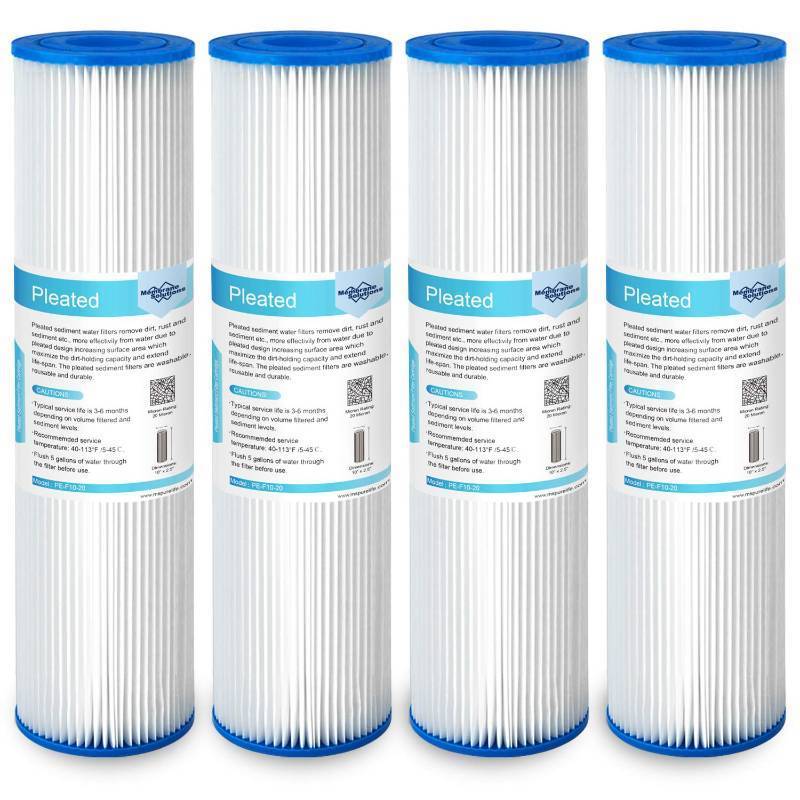 lot 53863 image: Membrane Solutions 20 Micron Pleated Polyester Sediment Water Filter 10x2.5 Replacement Cartridge Universal Whole House Pre-Filter Compatible with W50PE, WFPFC3002, SPC-25-1050, FM-50-975 - 4 Pack - Retail $29