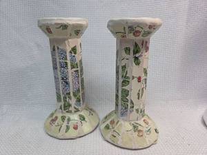 lot 627 image: Hand-Painted Floral Mosaic Candlesticks